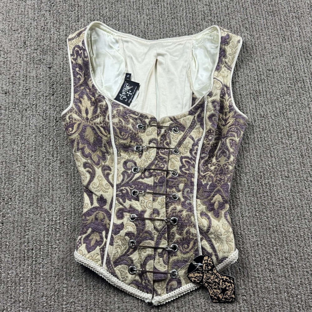 Shrine Womens S Tapestry Pin Bodice Corset Purple Ivory Goth Vampire VTG Y2K USA